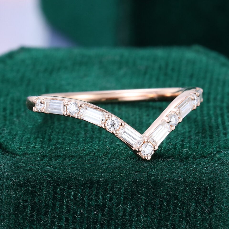 Rose Gold Pave V Shaped Moissanite Wedding Band Minimalist (2)