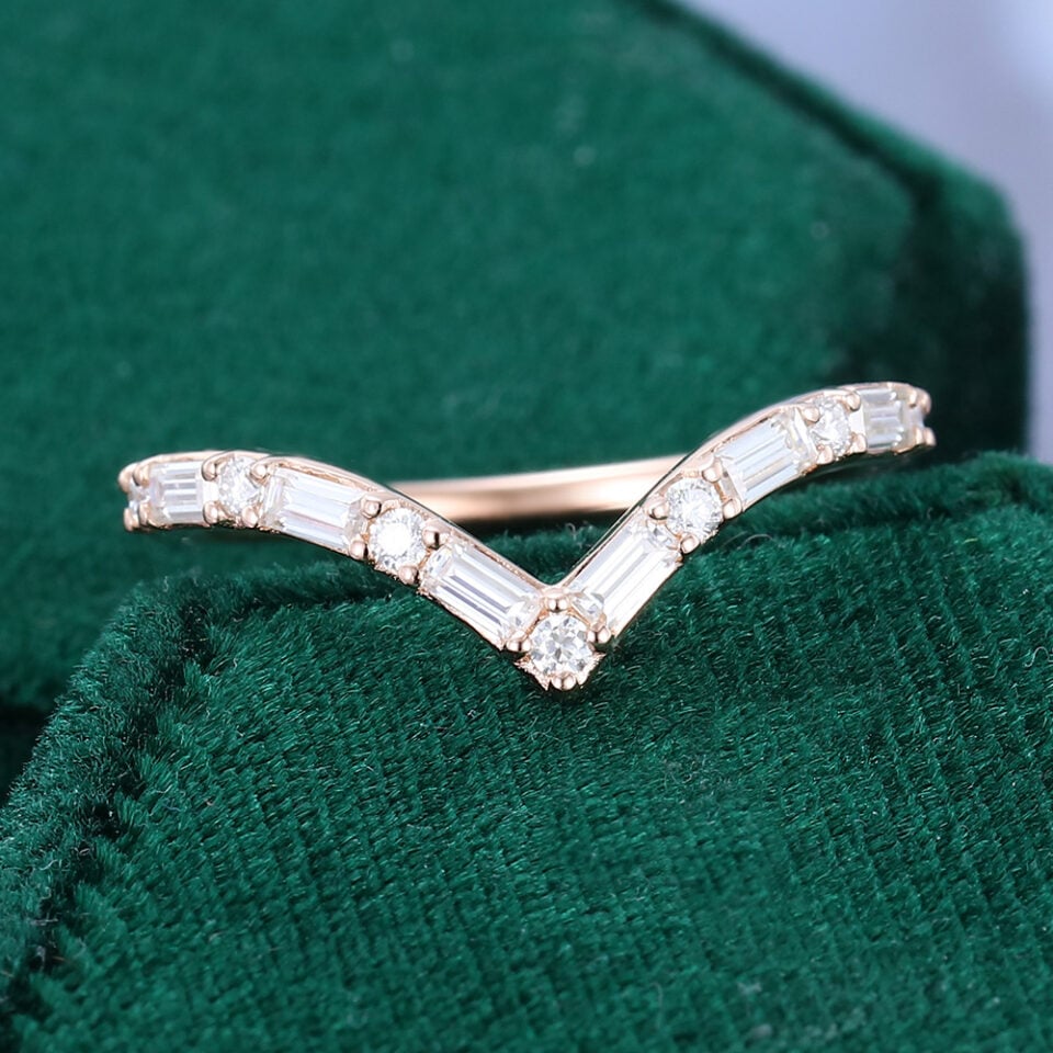 Rose Gold Pave V Shaped Moissanite Wedding Band Minimalist (3)