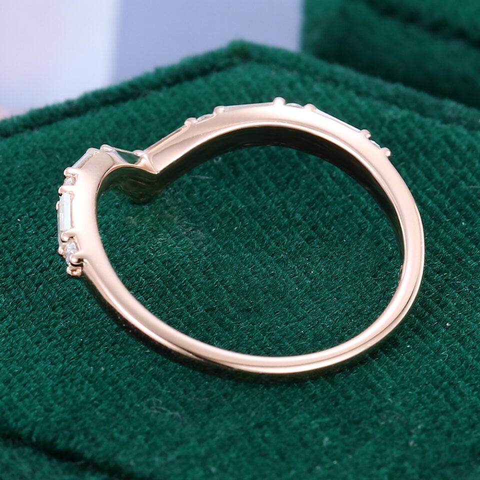 Rose Gold Pave V Shaped Moissanite Wedding Band Minimalist (4)