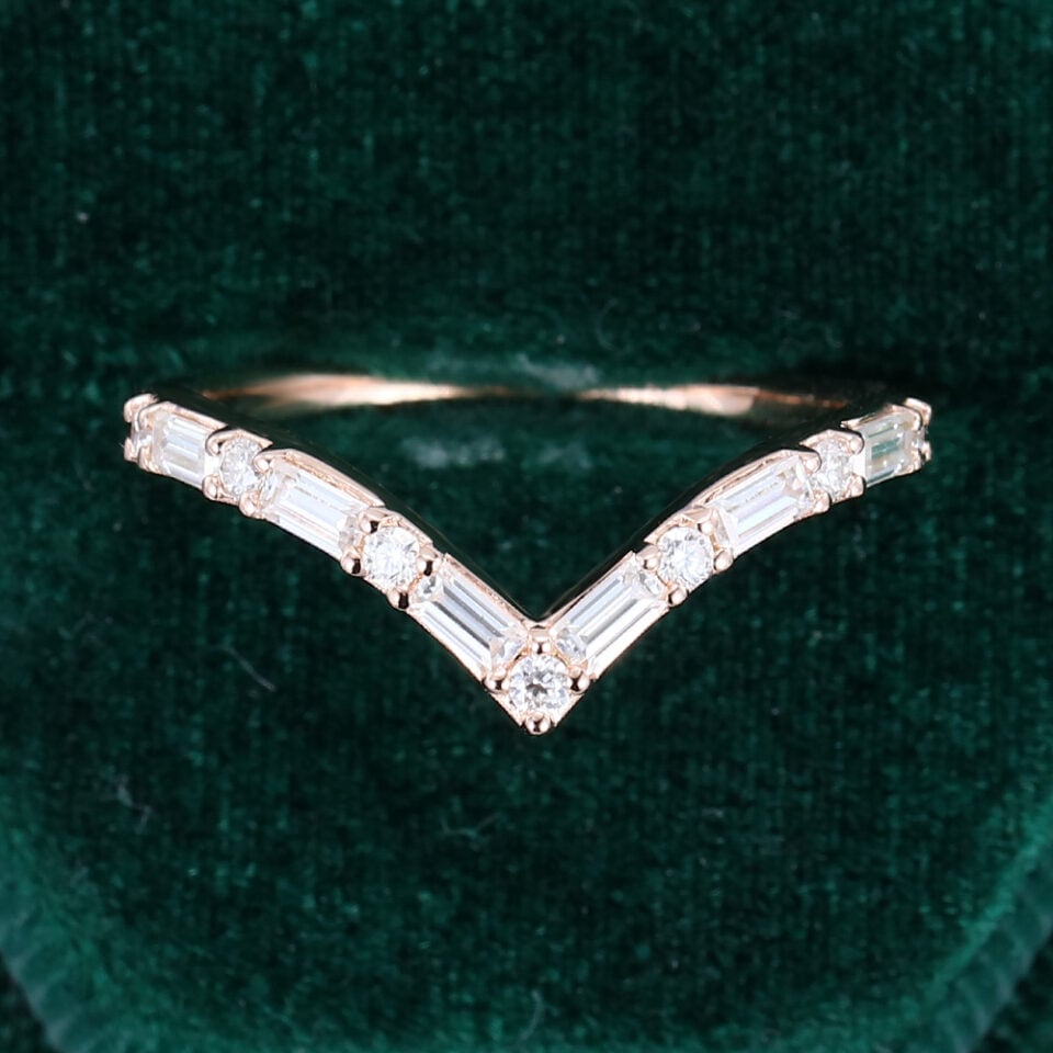 Rose Gold Pave V Shaped Moissanite Wedding Band Minimalist (5)