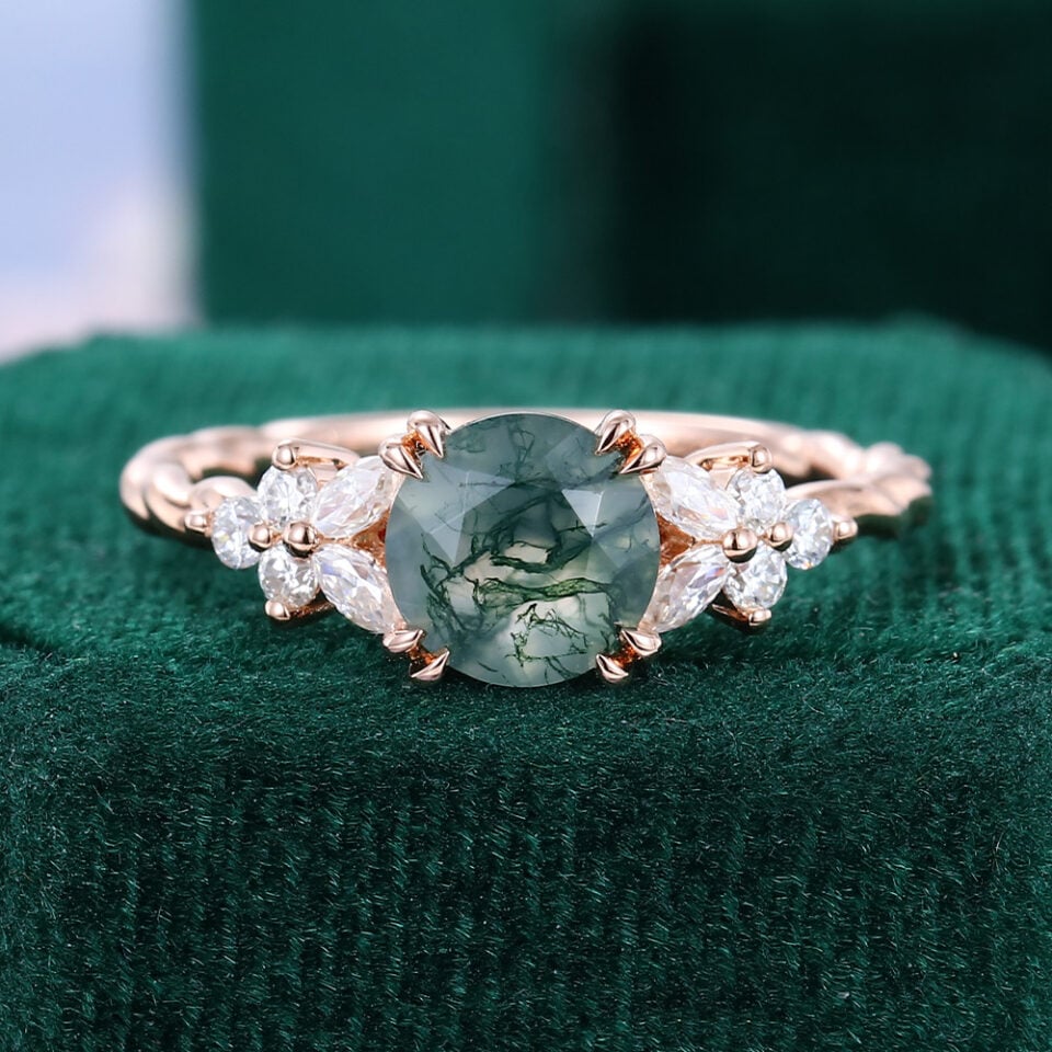 Blossom Cluster | Round Cut Moss Agate Engagement Ring With Twisted Band – Dainty Petals