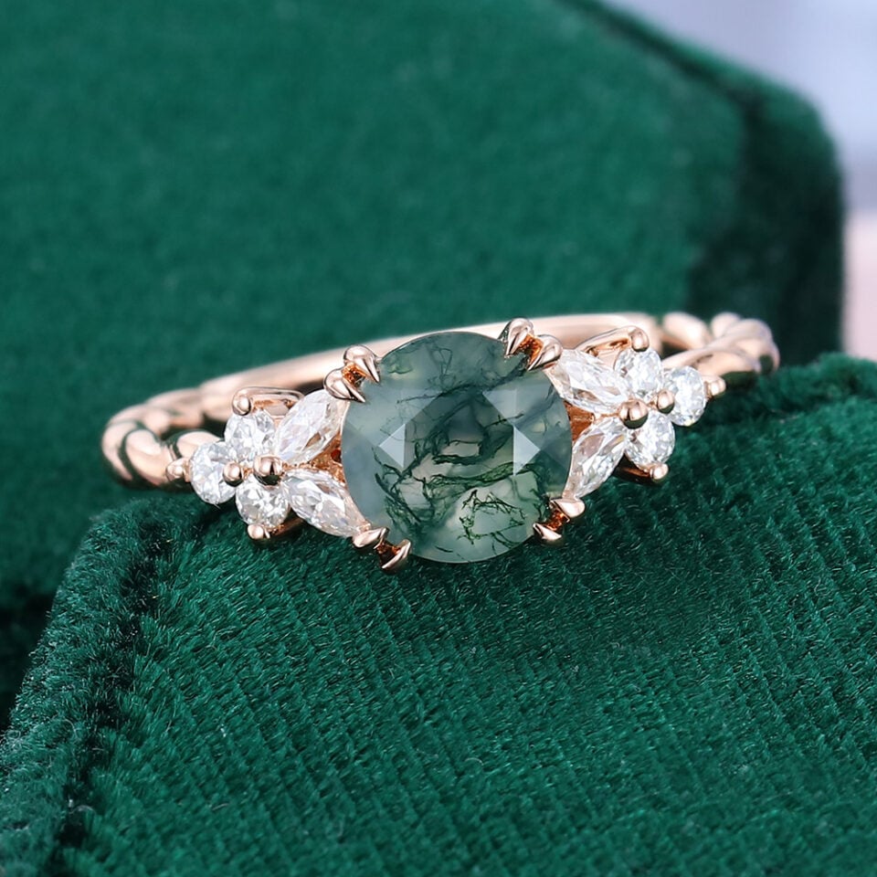 Round Cut Moss Agate Engagement Ring Twisted Band Moissanite Cluster Bridal Ring (5)