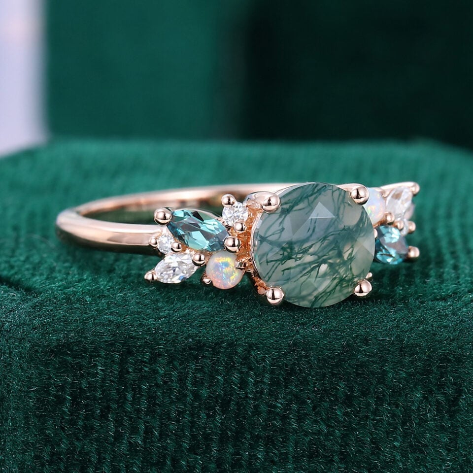Round Cut Moss Agate Promise Ring Trio Side Stones Engagement Ring (3)