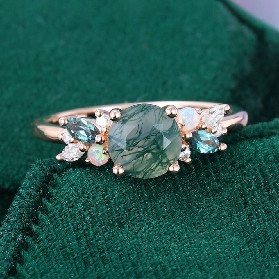 Round Cut Moss Agate Promise Ring Trio Side Stones Engagement Ring (6)