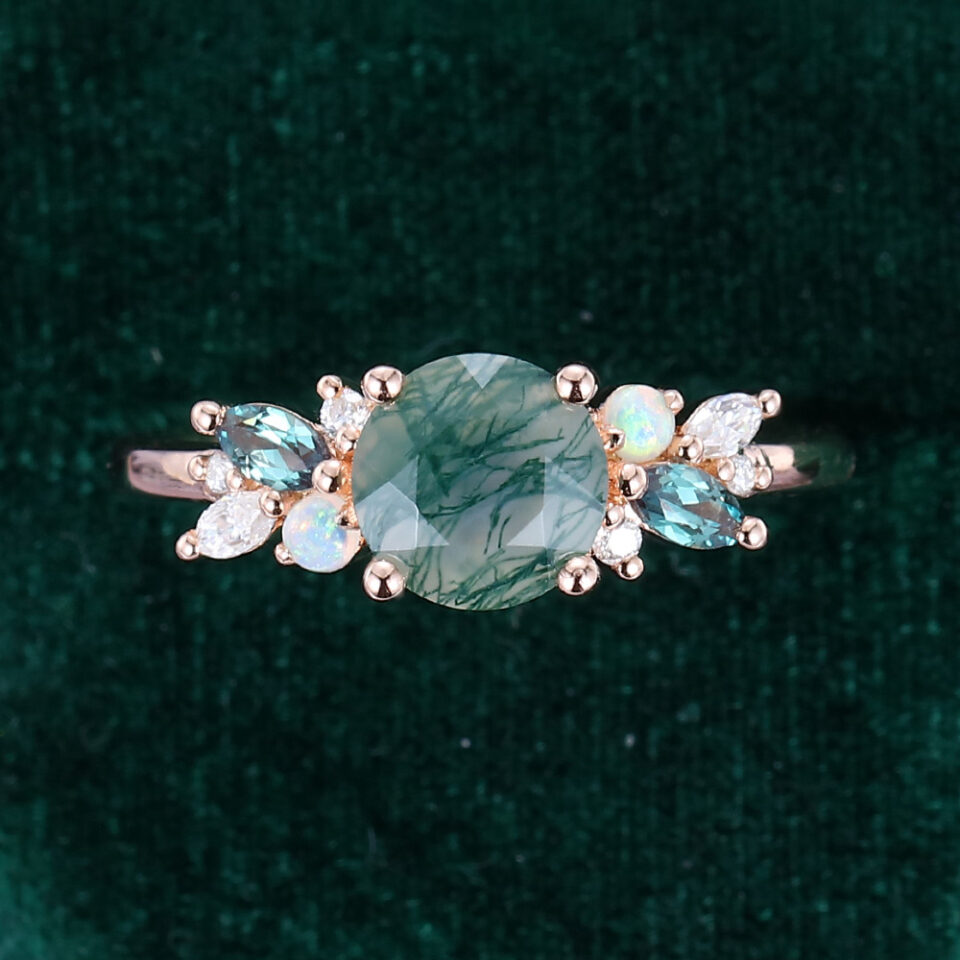 Round Cut Moss Agate Promise Ring Trio Side Stones Engagement Ring (7)