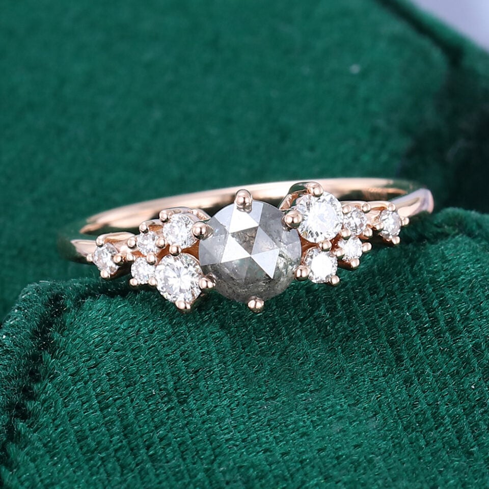 Round Cut Salt & Pepper Diamond Bridal Ring Cluster Engagement Ring (2)