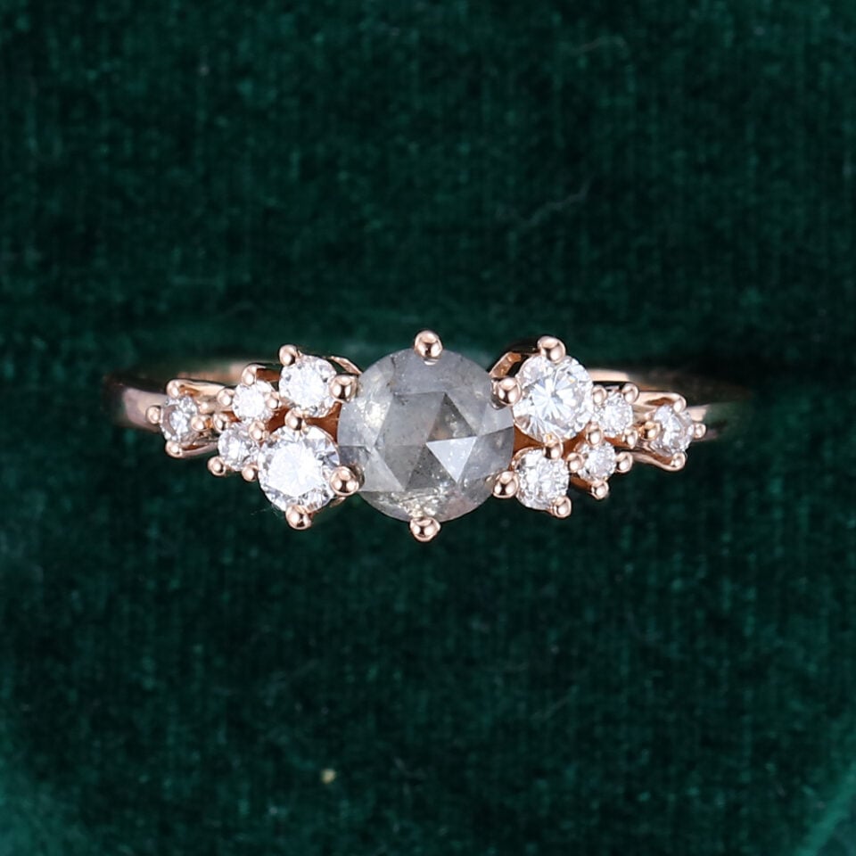 Round Cut Salt & Pepper Diamond Bridal Ring Cluster Engagement Ring (4)