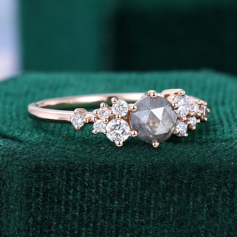 Round Cut Salt & Pepper Diamond Bridal Ring Cluster Engagement Ring (5)