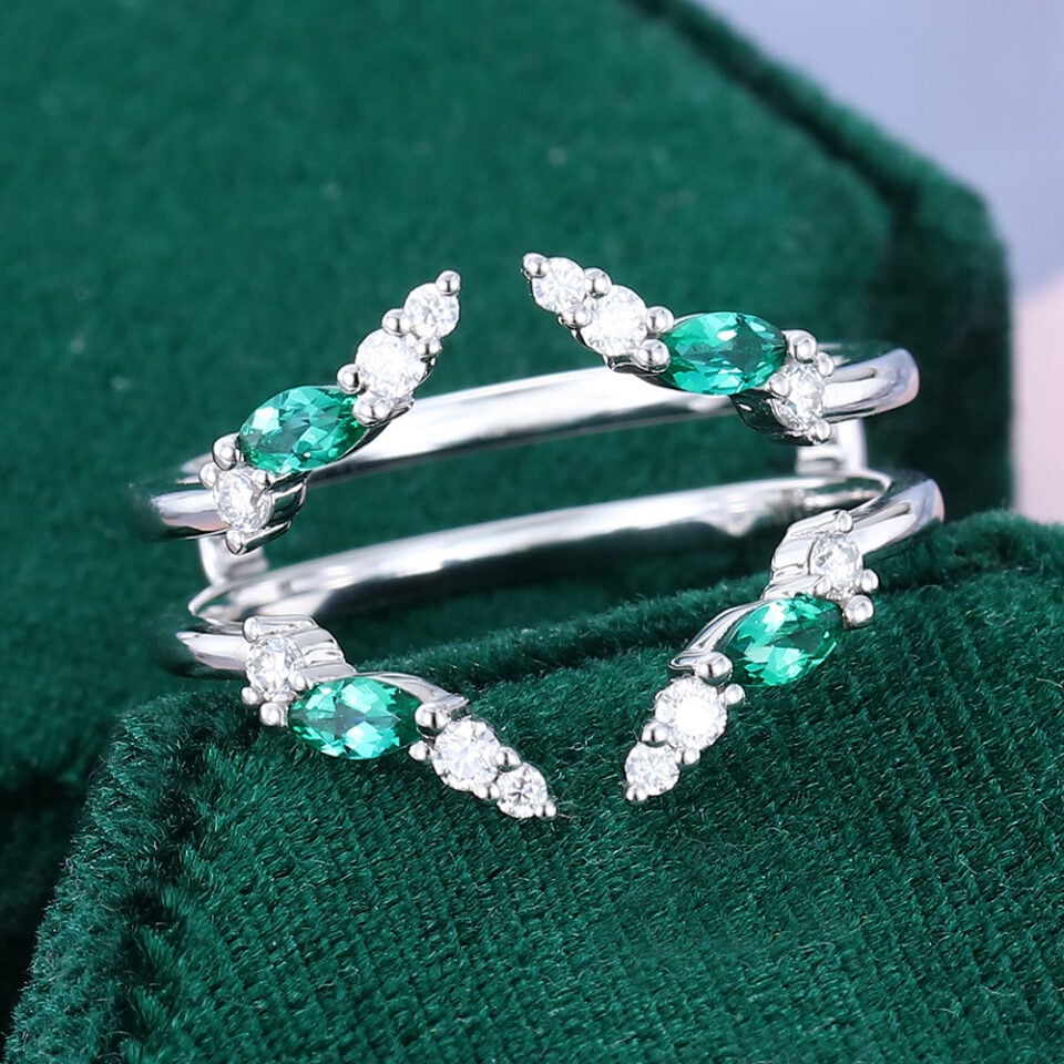 White Gold Moissanite & Lab Emerald Open Wedding Band Double Bands Stacking Ring (5)