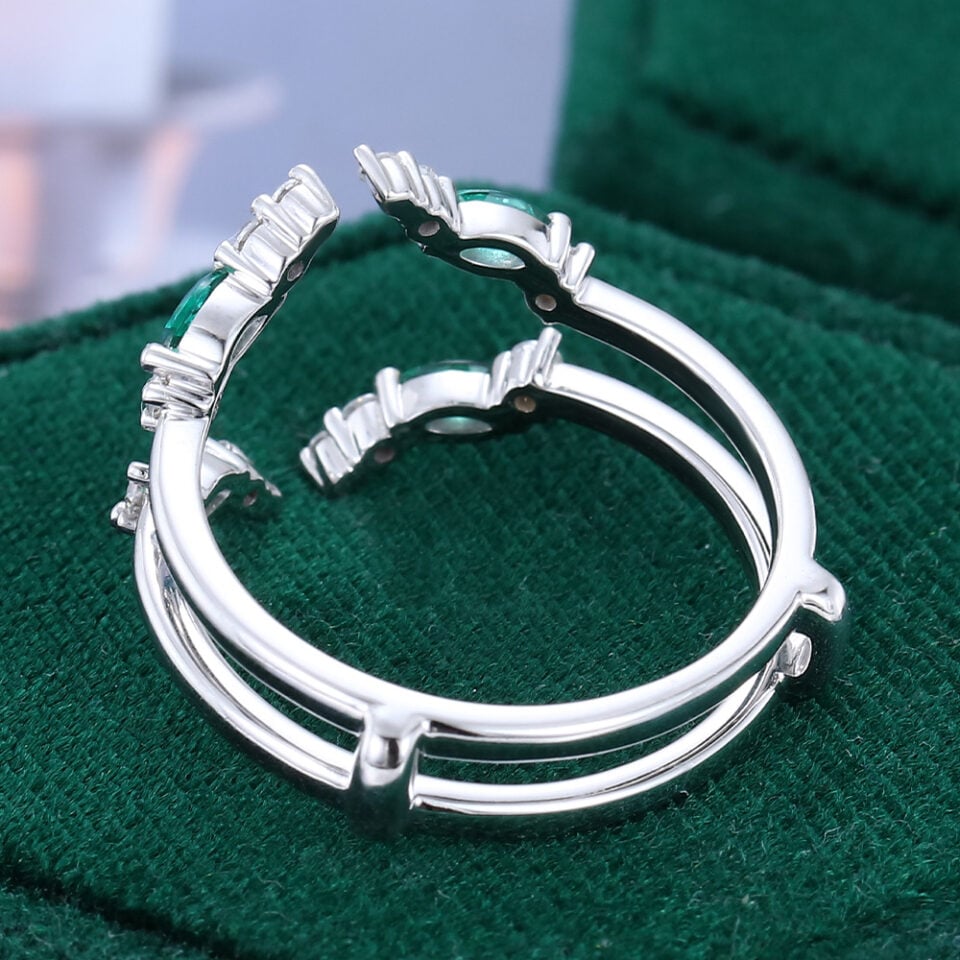 White Gold Moissanite & Lab Emerald Open Wedding Band Double Bands Stacking Ring (6)