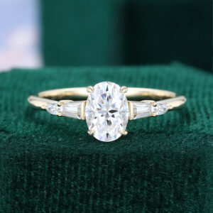 1CT Oval Moissanite Engagement Ring with Baguette & Pear Accents