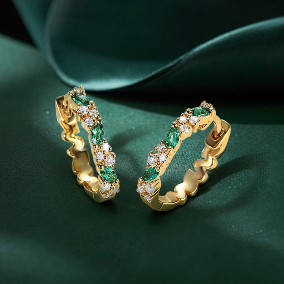 Alternating Marquise Emerald & Round Moissanite Huggie Earrings
