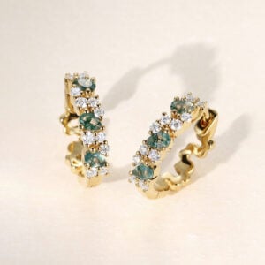 Alternating Pear Moss Agate & Round Moissanite Huggie Earrings (Gold Version)
