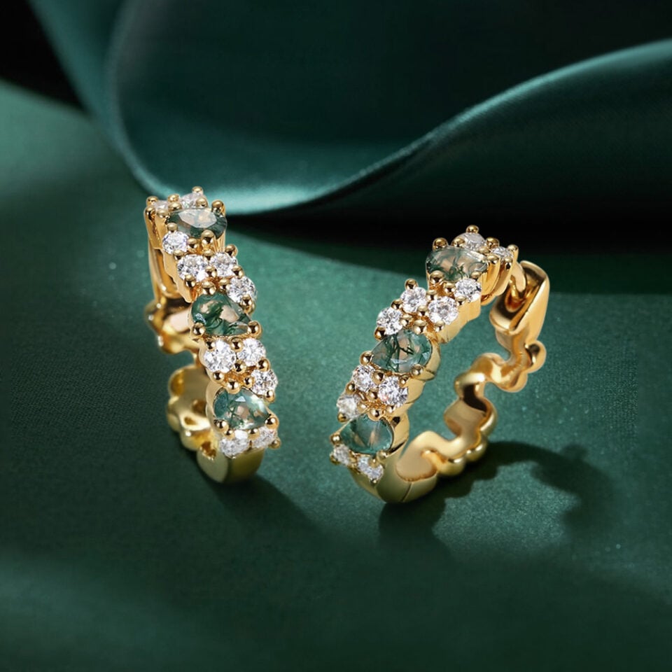 Alternating Pear Moss Agate & Round Moissanite Huggie Earrings
