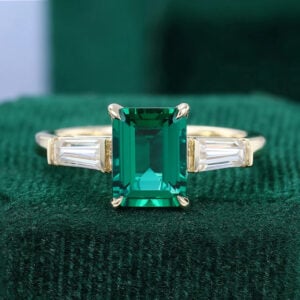 Baguette Accented Emerald & Diamond Three Stone Engagement Ring