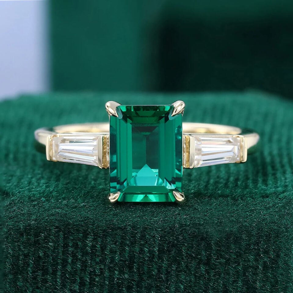 Baguette Accented Emerald & Diamond Three Stone Engagement Ring