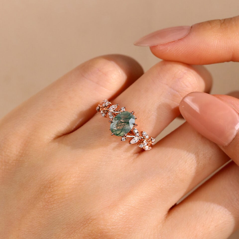 Oval Cut Moss Agate Nature Themed Engagement Ring