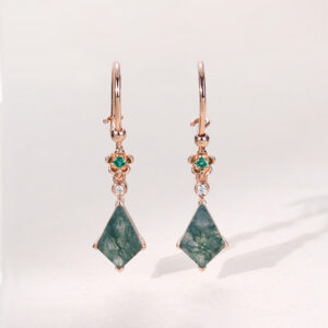 Kite Cut Moss Agate Dangle Earrings Floral Emerald Accented