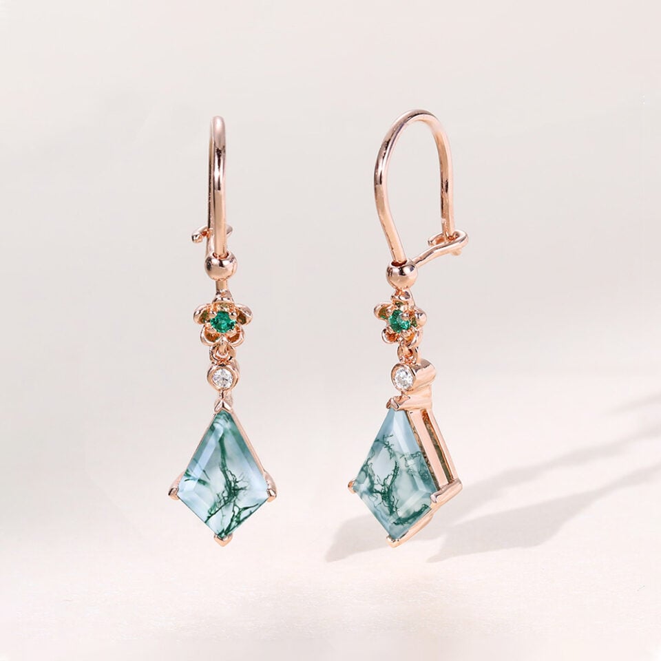 Kite Cut Moss Agate Dangle Earrings Floral Emerald Accented