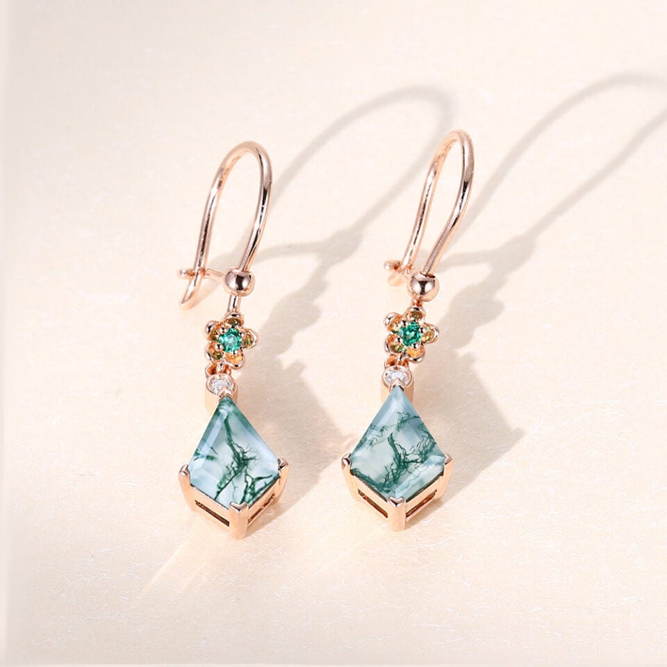 Kite Cut Moss Agate Dangle Earrings Floral Emerald Accented (4)
