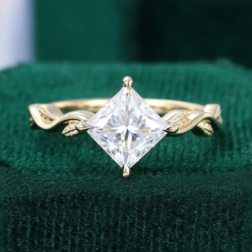 Princess Cut Moissanite Leaf Accented Solitaire Ring