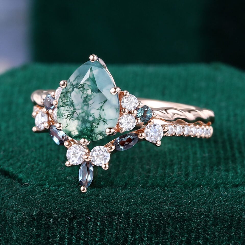 Moss Agate & Alexandrite Duo Bridal Ring Set (2)