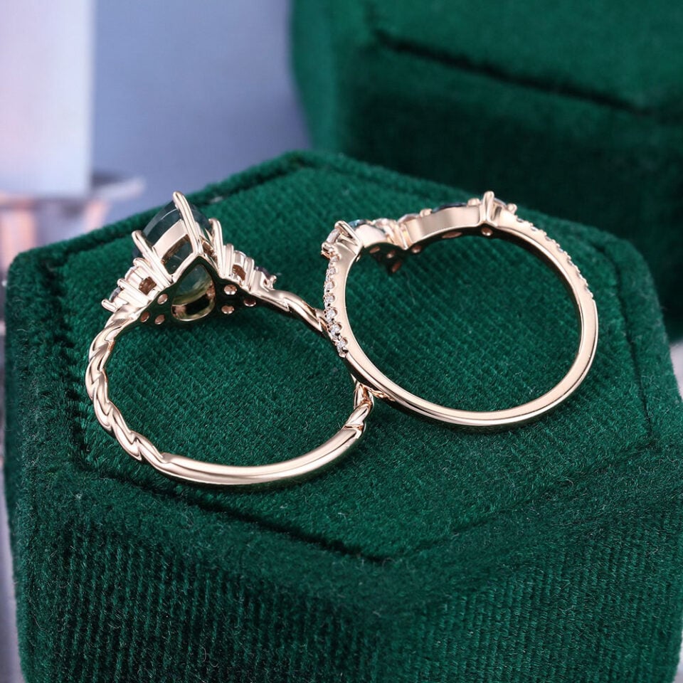 Moss Agate & Alexandrite Duo Bridal Ring Set (3)