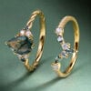 Moss Agate & Emerald Duo Ring Set 2PCS Bridal Ring Set (3)