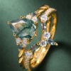 Moss Agate & Emerald Duo Ring Set 2PCS Bridal Ring Set (5)