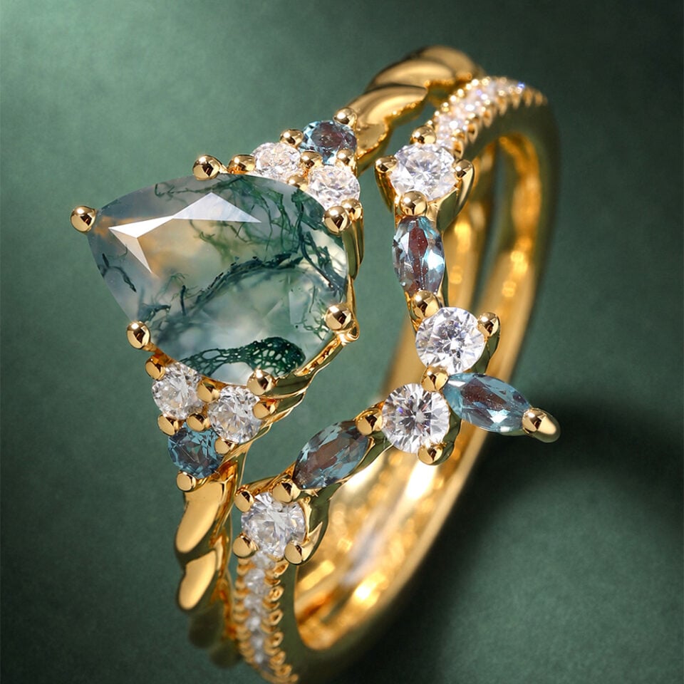 Moss Agate & Emerald Duo Ring Set 2PCS Bridal Ring Set (5)