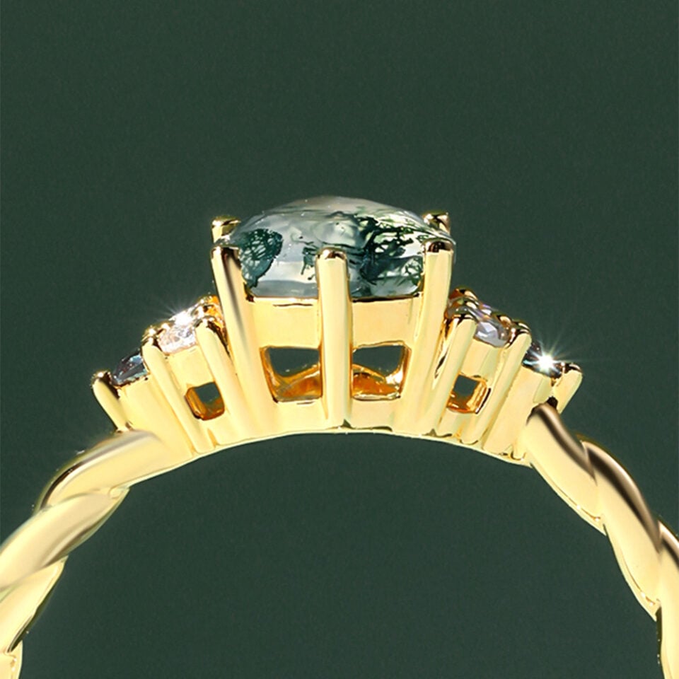 Moss Agate & Emerald Duo Ring Set 2PCS Bridal Ring Set (6)