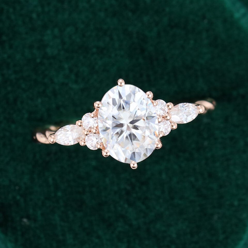 Oval Cut Moissanite Twisted Band Classic Side Stone Engagement Ring (2)