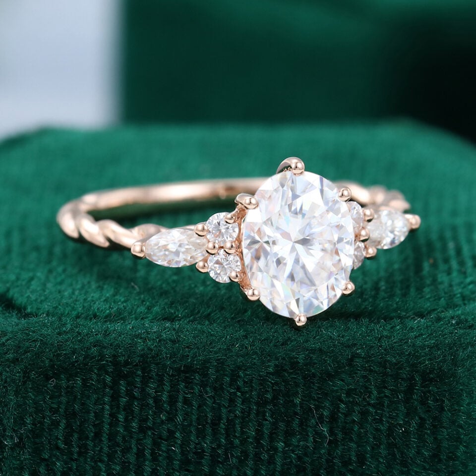 Oval Cut Moissanite Twisted Band Classic Side Stone Engagement Ring (3)