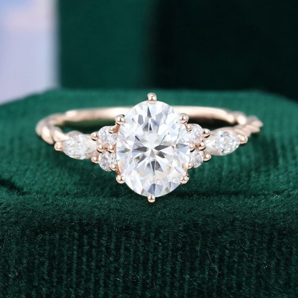 Oval Cut Moissanite Twisted Band Classic Side Stone Engagement Ring