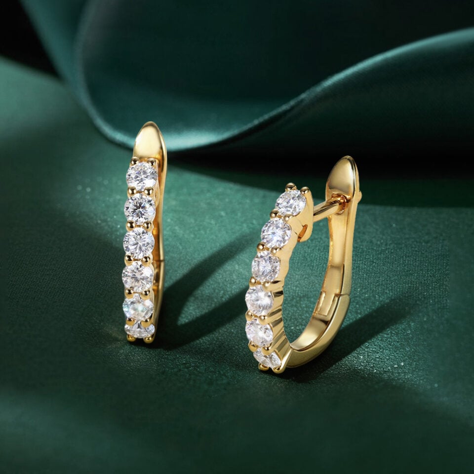 Shared Prong Round Moissanite Huggie Hoop Earrings