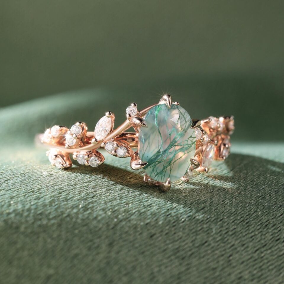 TwigGlow Oval Cut Moss Agate Nature Themed Engagement Ring (1)