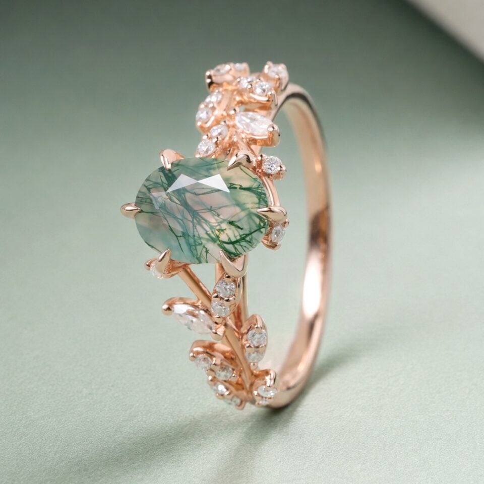TwigGlow Oval Cut Moss Agate Nature Themed Engagement Ring (2)