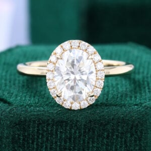 2CT Oval Moissanite Halo Engagement Ring Comfort Fit Smooth Band