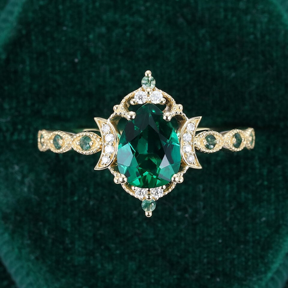 Crescent Inspired Pear Shaped Emerald Filigree Floral Halo Engagement Ring (1)