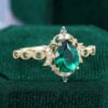 Crescent Inspired Pear Shaped Emerald Filigree Floral Halo Engagement Ring (4)