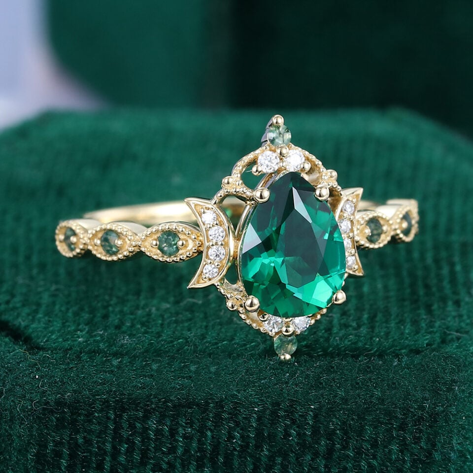 Crescent Inspired Pear Shaped Emerald Filigree Floral Halo Engagement Ring (4)
