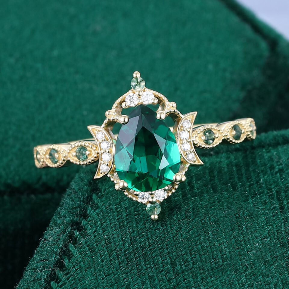 Crescent Inspired Pear Shaped Emerald Filigree Floral Halo Engagement Ring (5)