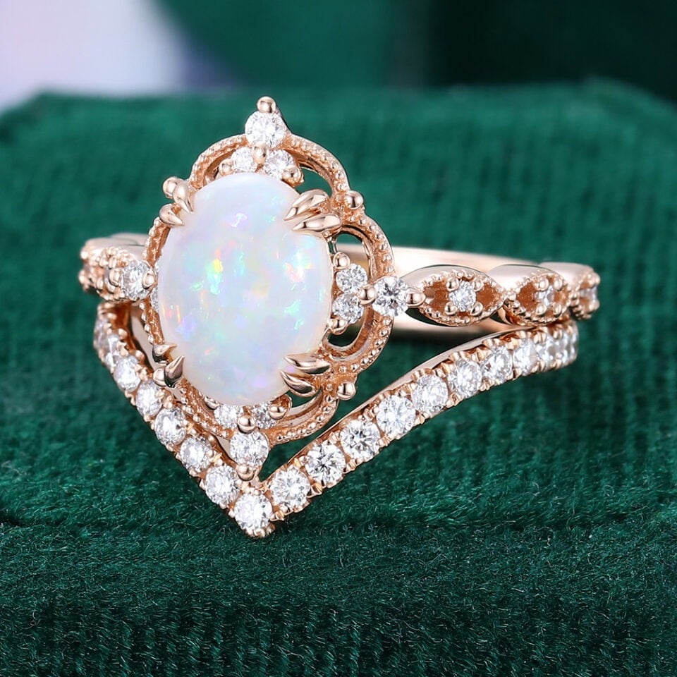 Filigree Floral Halo Oval Cut Opal Bridal Ring Set Curved Band Accented (1)