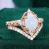 Filigree Floral Halo Oval Cut Opal Bridal Ring Set Curved Band Accented (2)