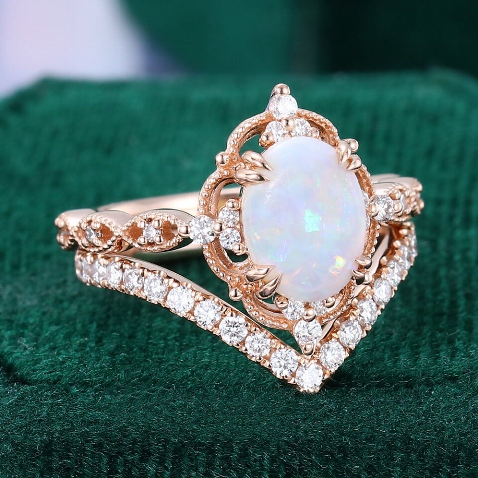 Filigree Floral Halo Oval Cut Opal Bridal Ring Set Curved Band Accented (2)