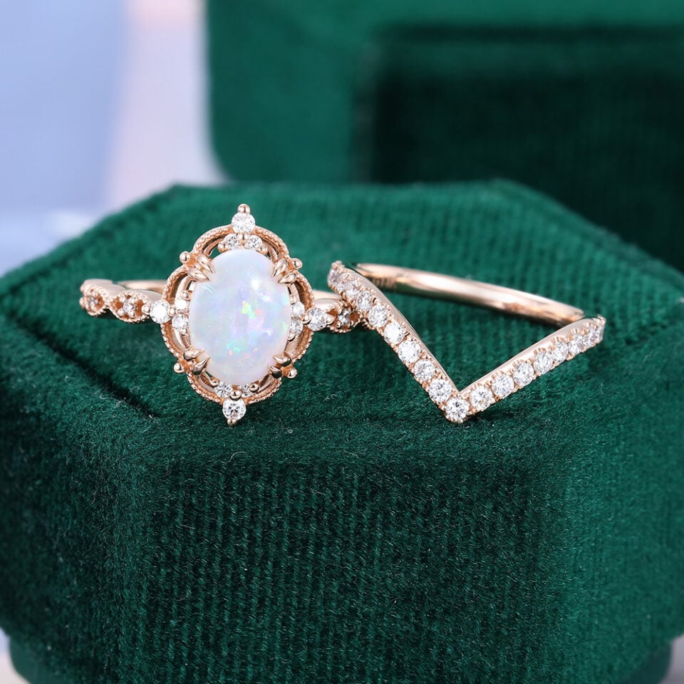 Filigree Floral Halo Oval Cut Opal Bridal Ring Set Curved Band Accented (4)