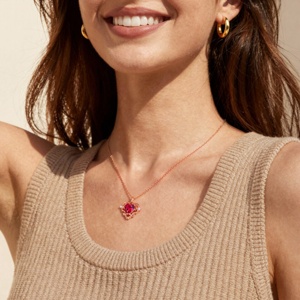 Heart shaped lab ruby pendant necklace for valentine’s day