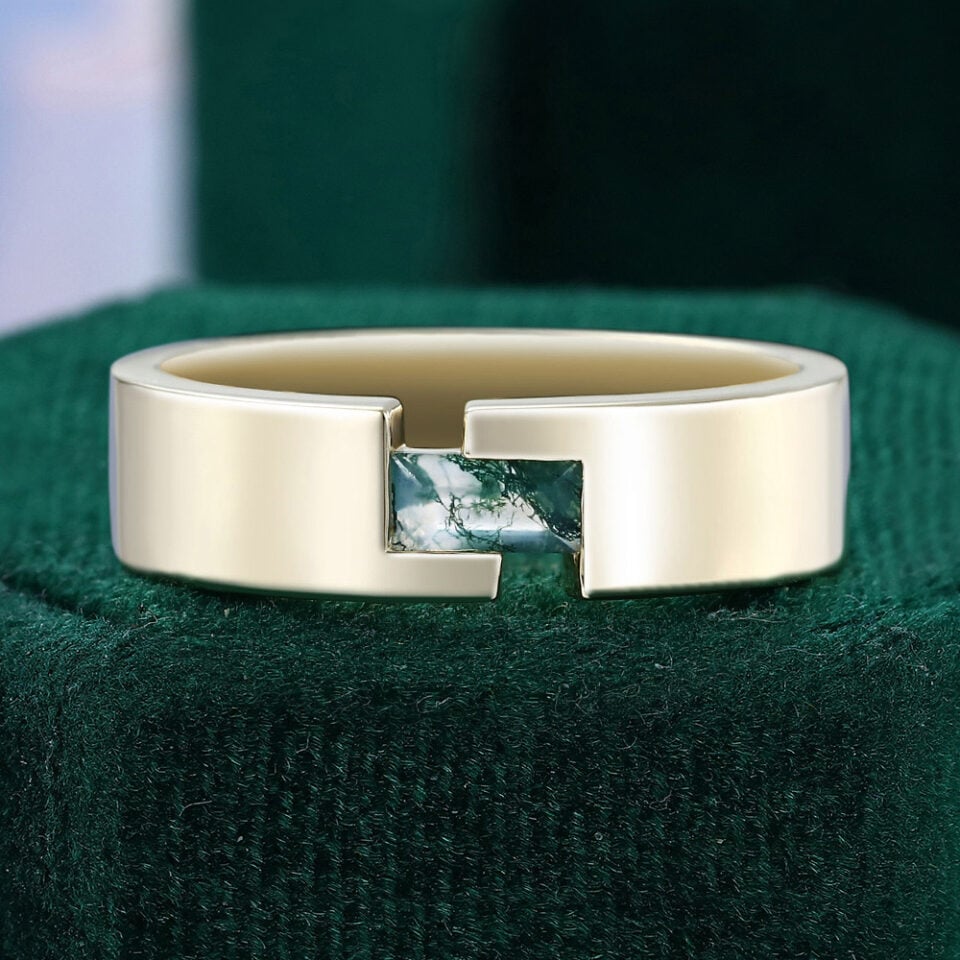 Horizontal Baguette Cut Moss Agate Gender Neutral Wedding Band Promise Ring for Him