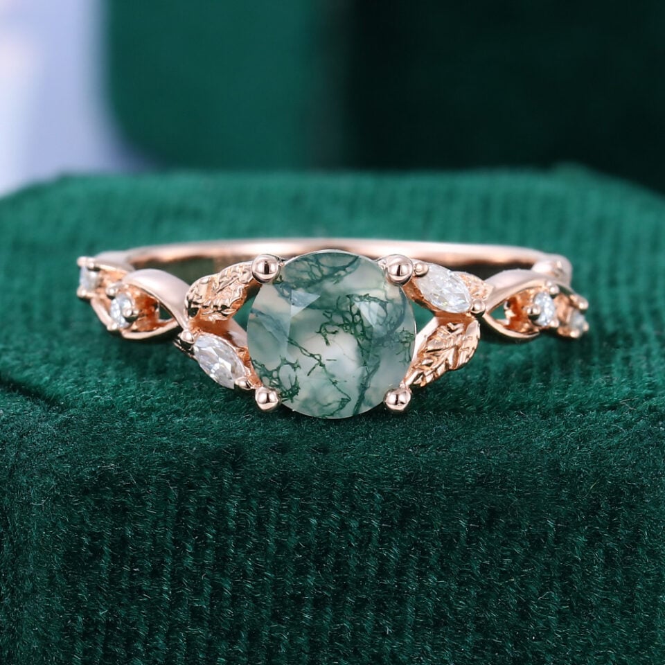 IvyFlow | Round Cut Moss Agate Engagement Ring Nature Inspired Leaf Ring