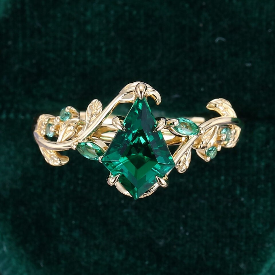 Kite Cut Lab Emerald Engagement Ring Nature Inspired Leaf Ring (1)